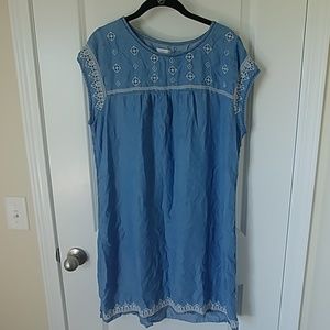 Charming Charlie Chambray Dress W/ White Embroider